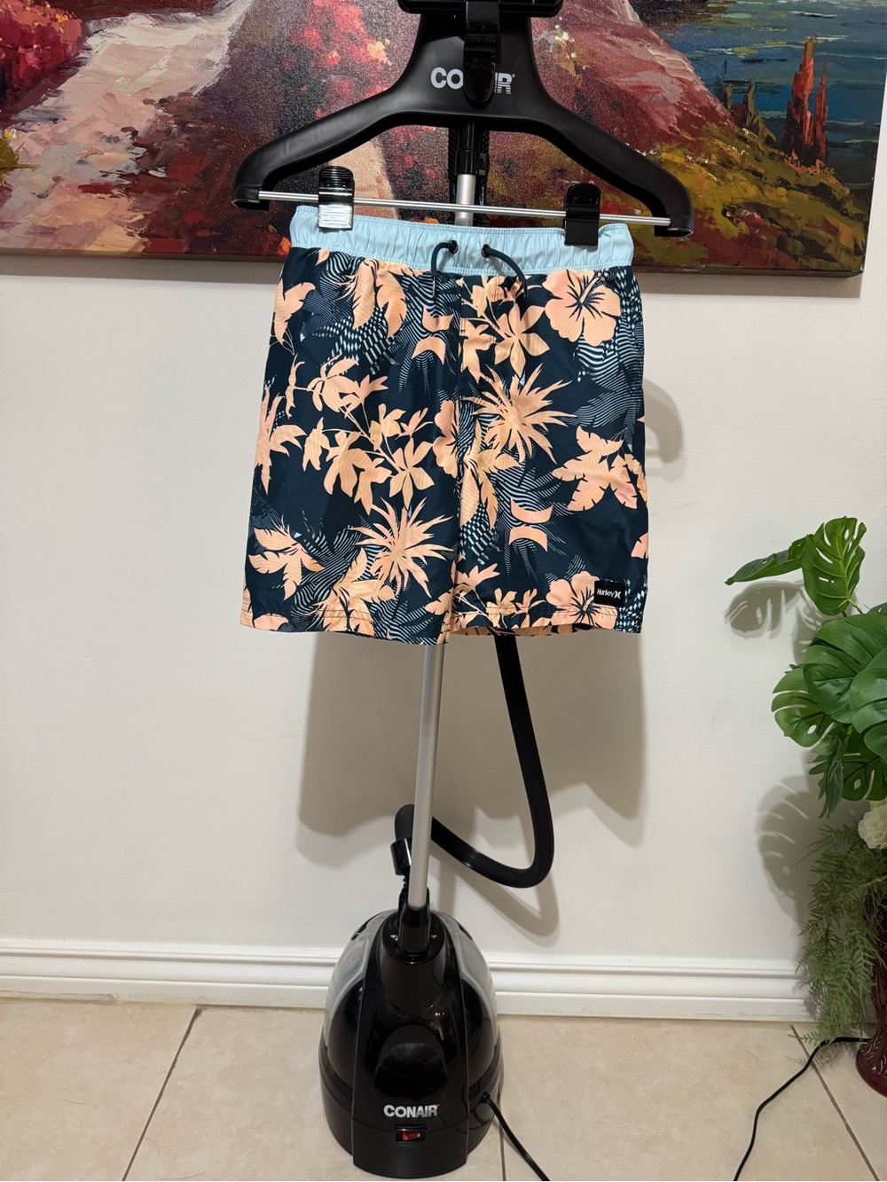 Hurley Navy Blue and Peach Tropical Print Drawstring Shorts